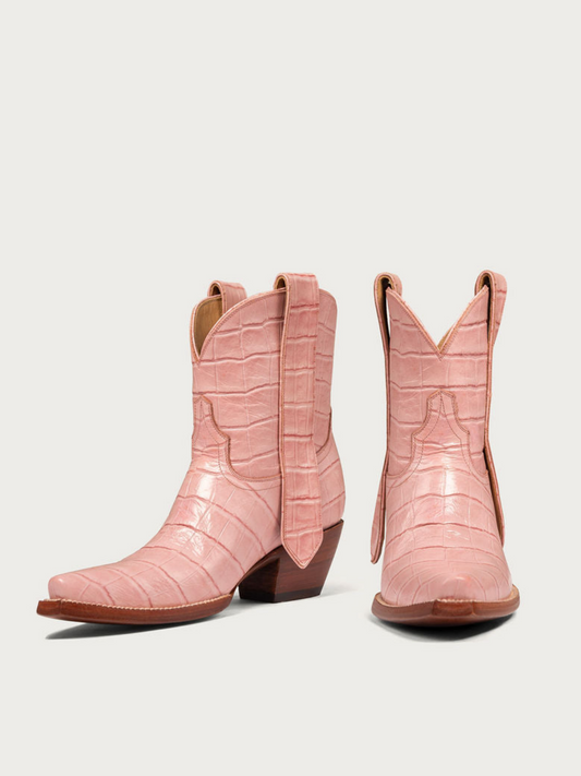 Pink Crocodile Print Vegan Leather Snip-Toe Ankle Cowgirl Boots