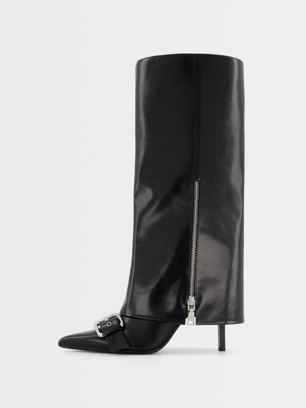 Black Pointed-Toe Fold-Over Mid Calf Half-Zip Stiletto Boots With Buckles