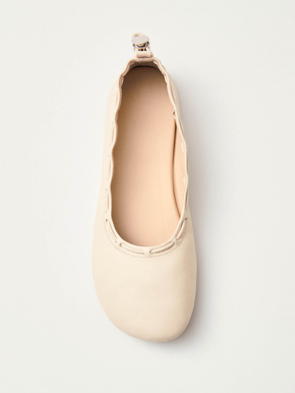 Drawstring Round-Toe Ballet Flats In Cream Vegan Leather