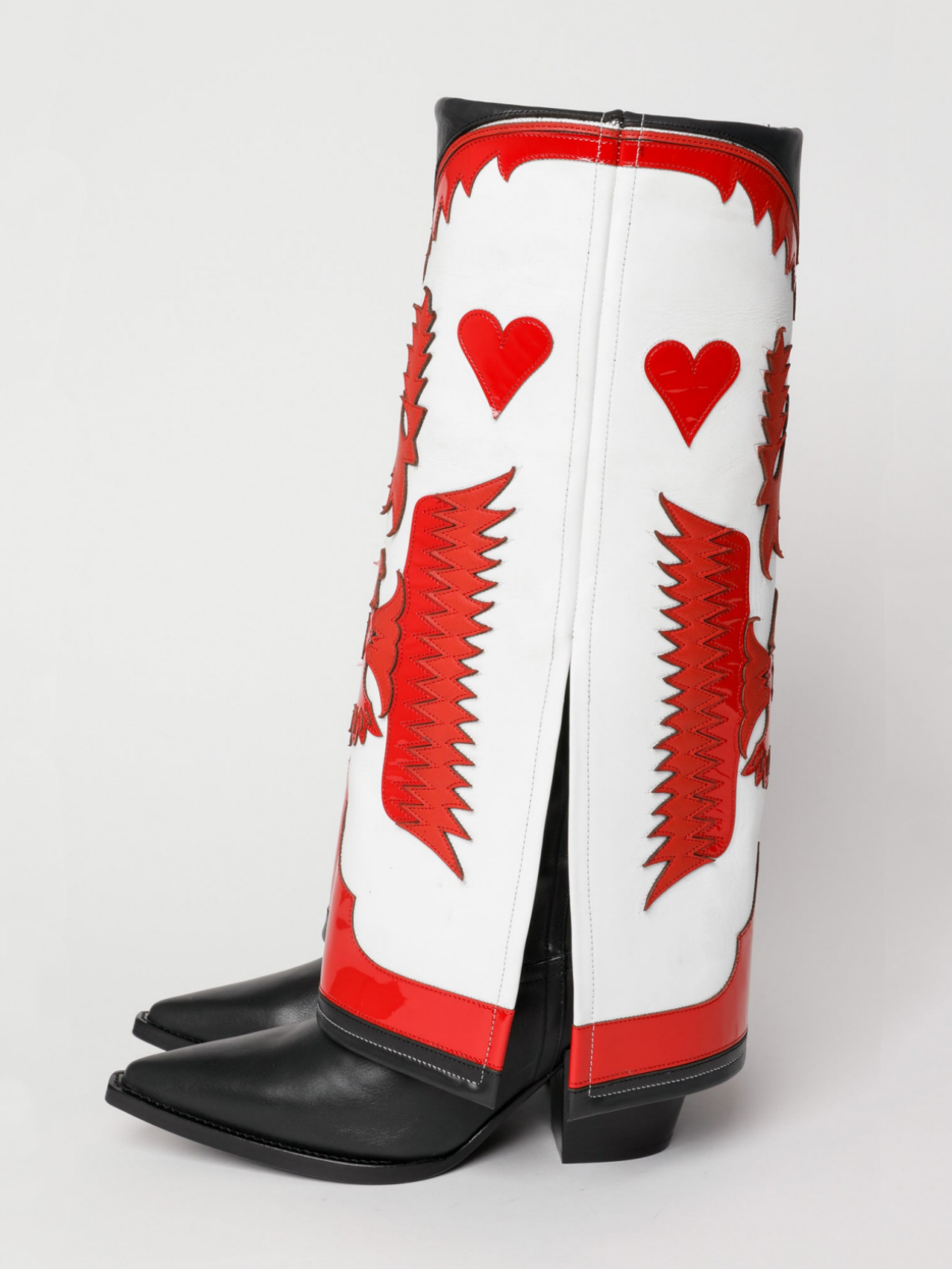 Fold-Over Panel Eagle And Heart Applique Snip-Toe Wide Mid Calf Boots - White And Red