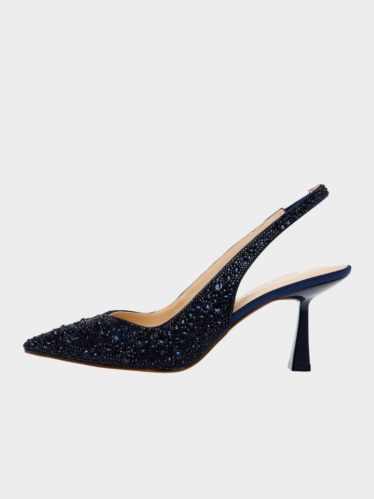 Navy Blue Faux Suede Pointed-Toe Rhinestone Slingback Kitten Heels