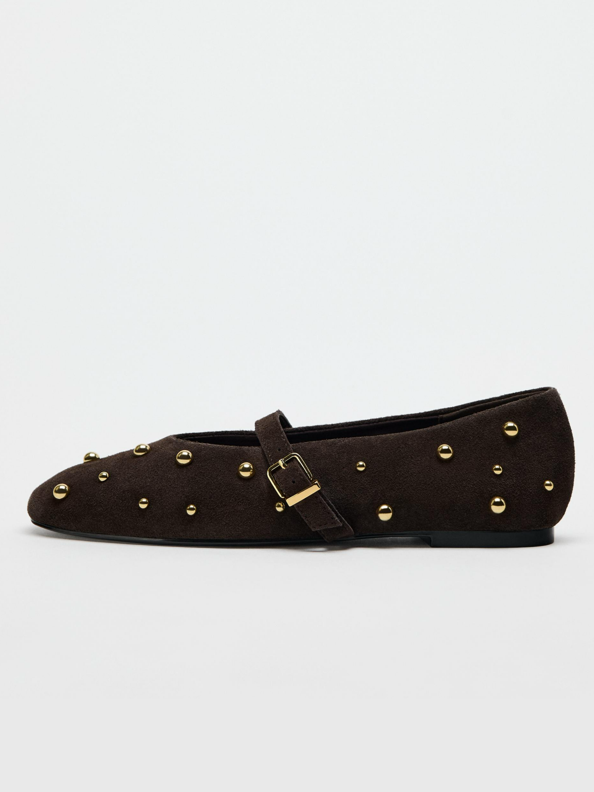 Brown Faux Suede Round-Toe Studded Mary Janes Ballet Flats