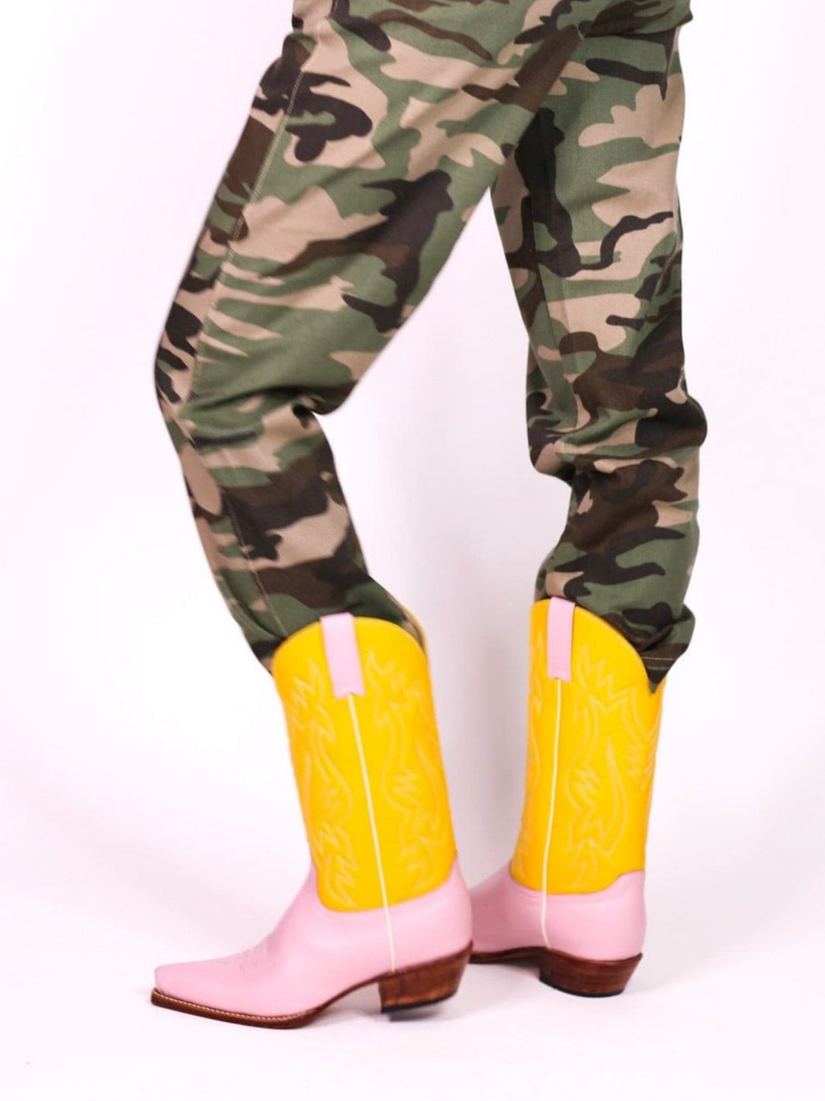 Contrast Yellow And Pink Snip-Toe Embroidery Wide Mid Calf Cowgirl Boots