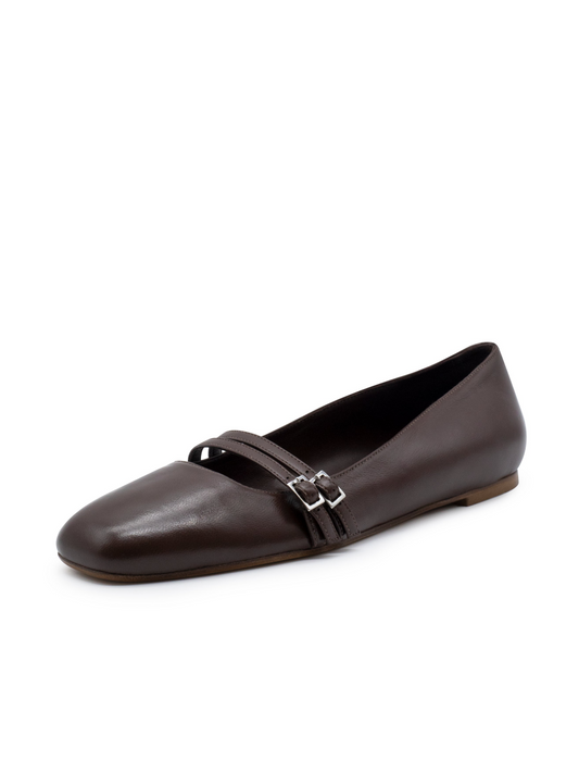 Chocolate Square Toe Ballet Flats With Double Buckled Strap