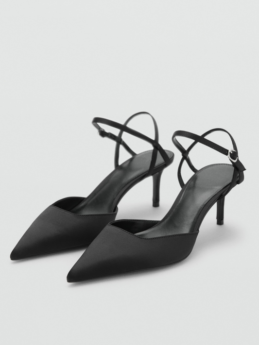 Black Satin Pointed-Toe Kitten Heels With Back Straps