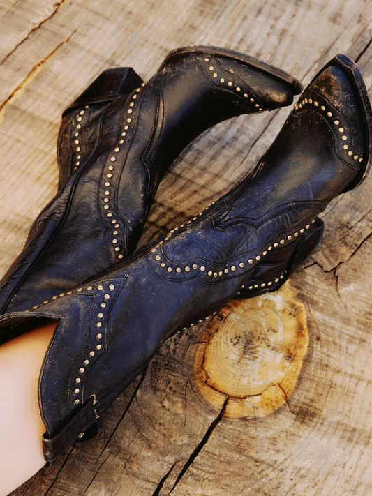 Black Distressed Stitch Studded Snip-Toe Wide Mid Calf Cowgirl Tall Boots