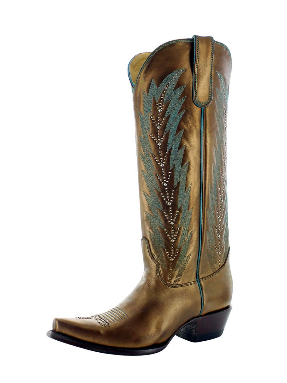 Metallic Copper Snip-Toe Leaf Embroidery Studded Wide Mid Calf Cowgirl Boots