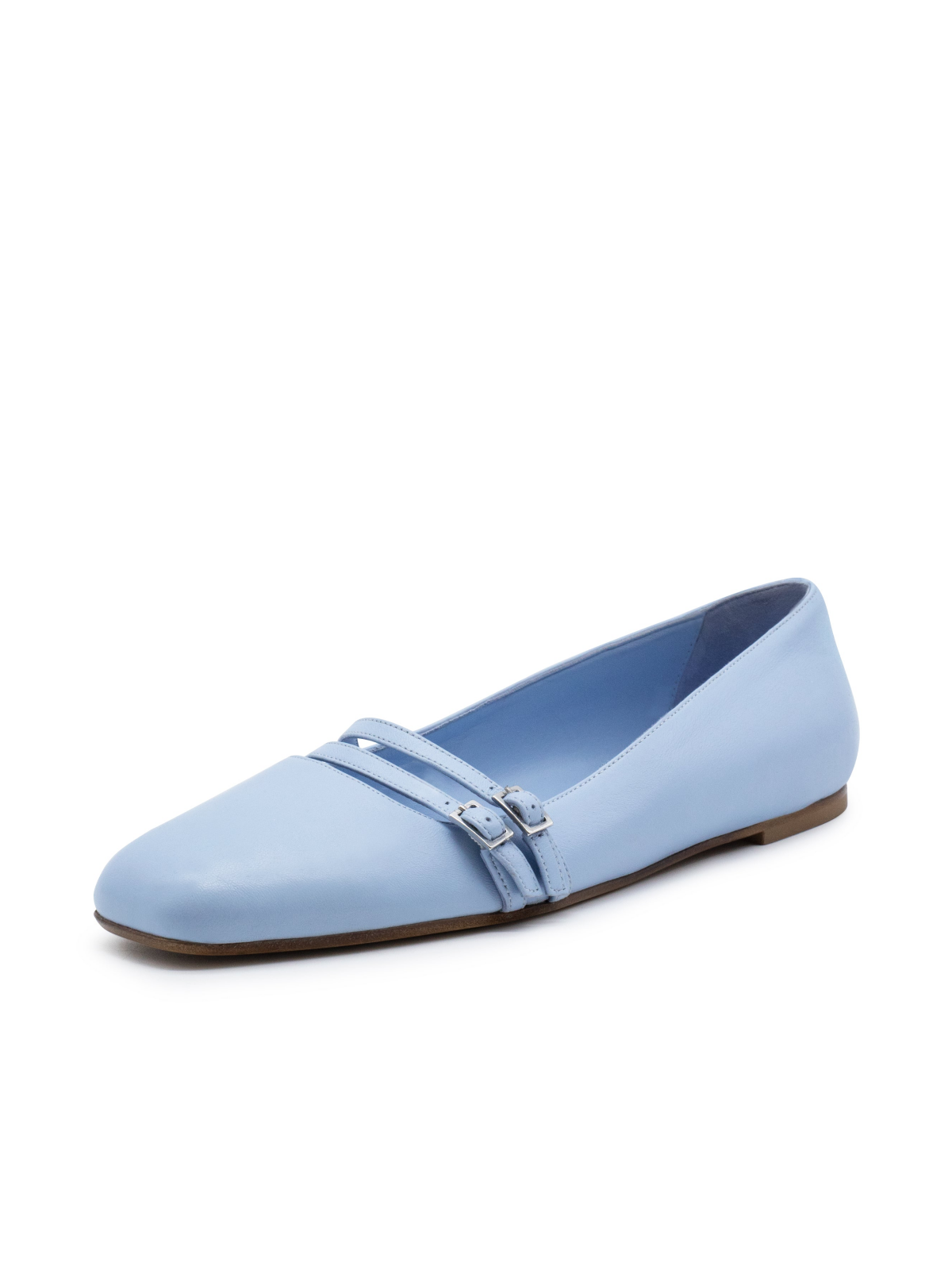 Blue Square Toe Ballet Flats With Double Buckled Strap