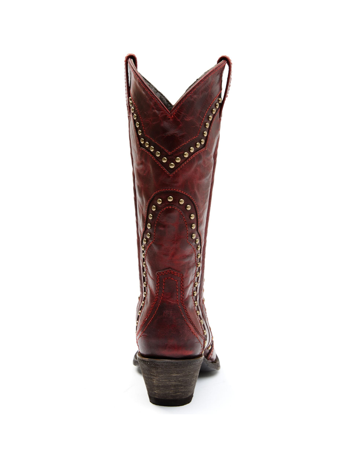 Dark Red Distressed Stitch Studded Snip-Toe Wide Mid Calf Cowgirl Tall Boots