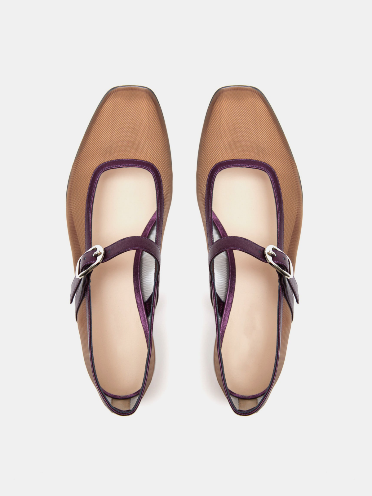 Metallic Plum Purple Mesh Square-Toe Flats Buckled Mary Janes