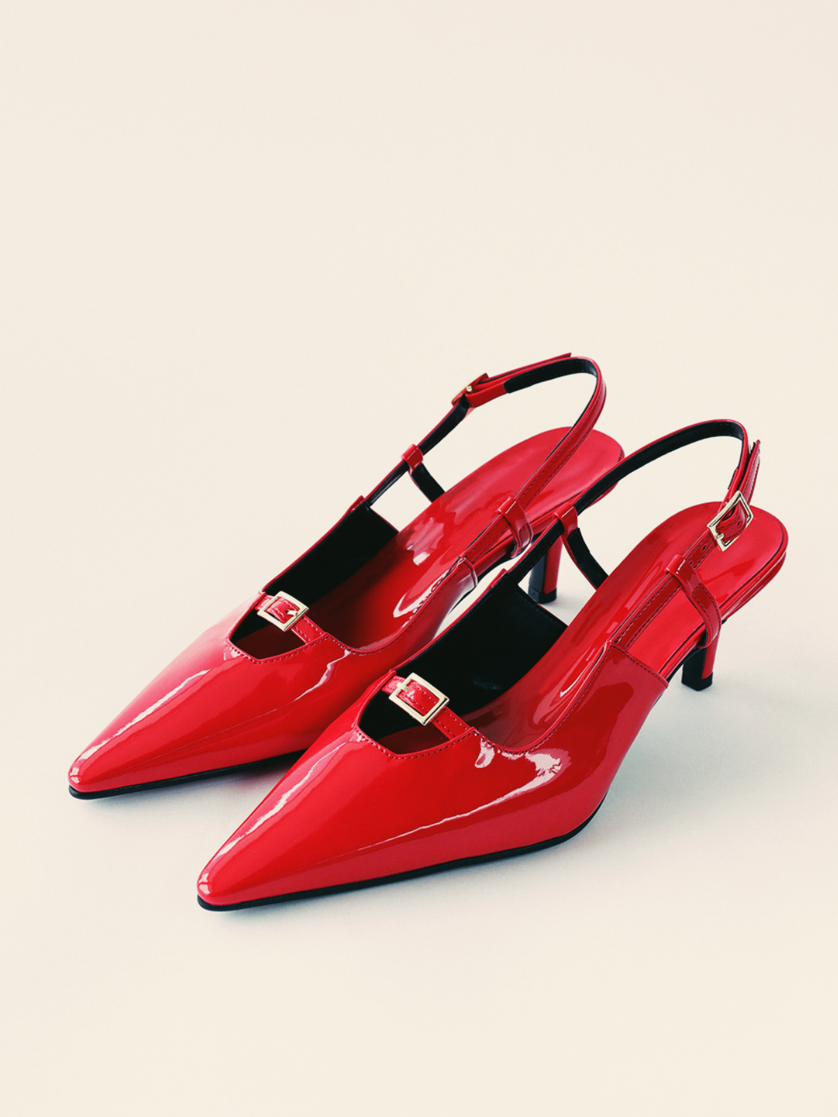 Red Patent Buckled Strap Hollow-Out Kitten Heels Slingback Pumps