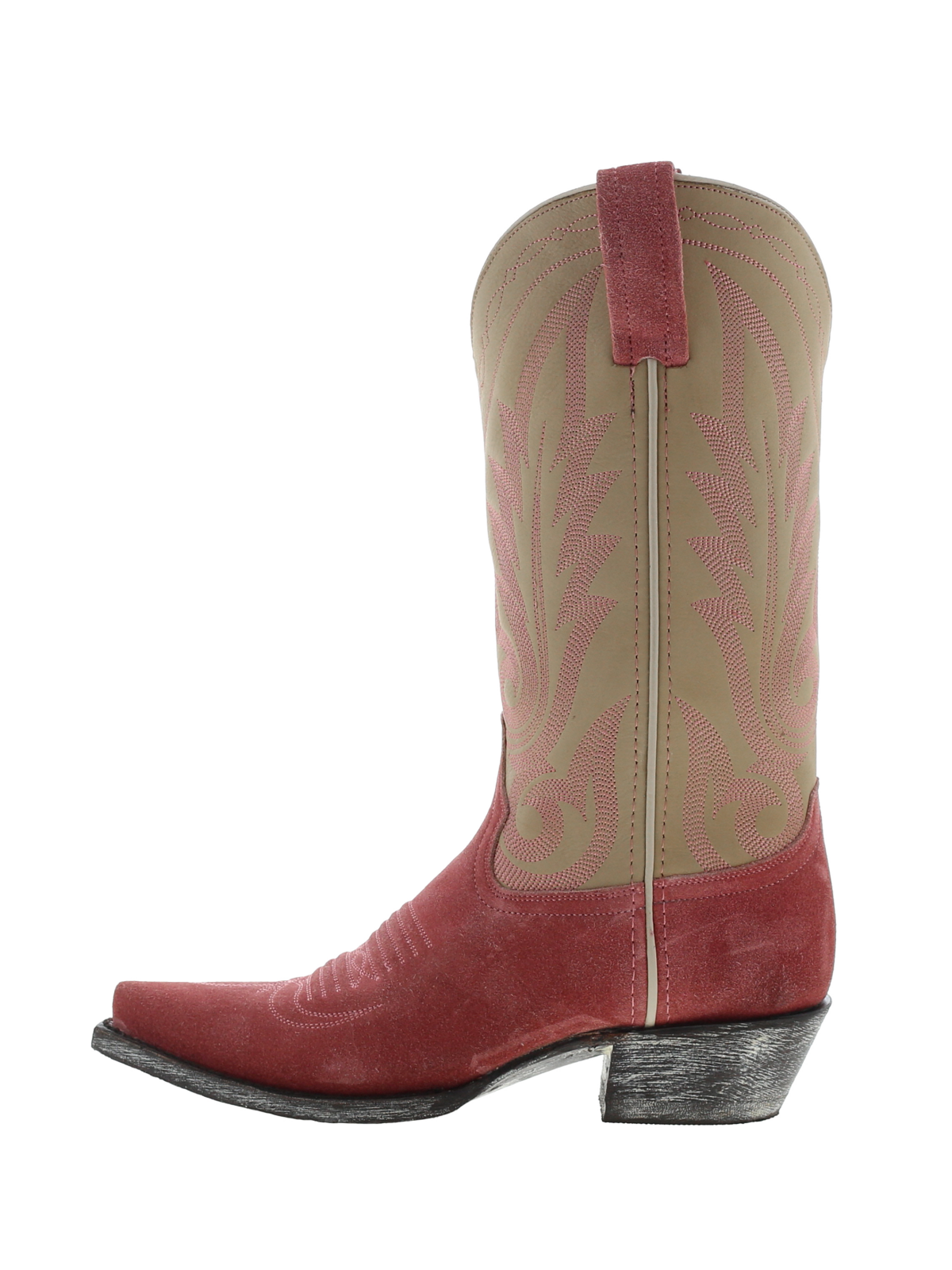 Contrast Beige And Pink Faux Suede Snip-Toe Leaf Embroidery Wide Mid Calf Tall Cowgirl Boots