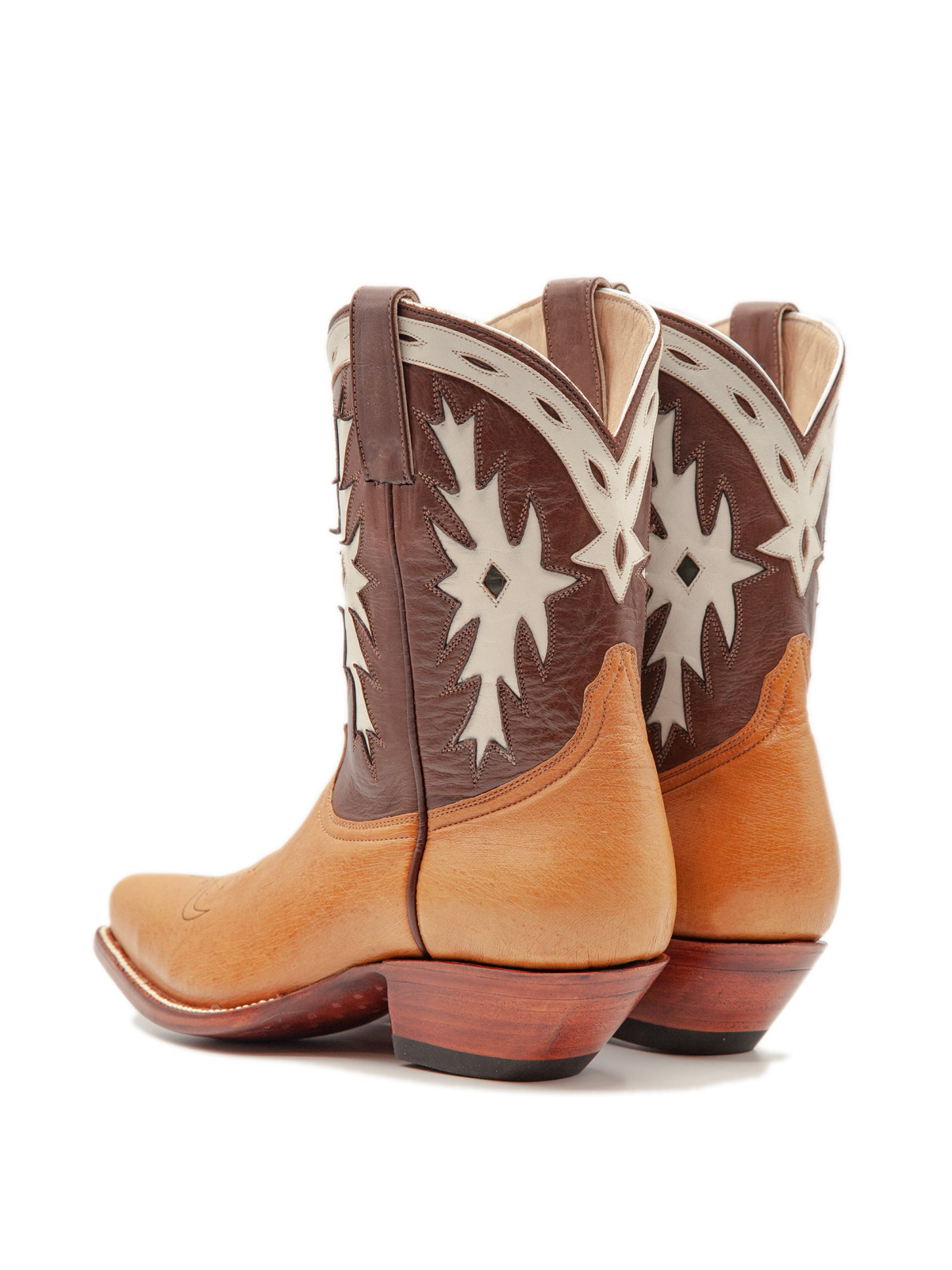 Contrast Tan And Brown Snip-Toe White Inlay Wide Mid Calf Cowgirl Boots