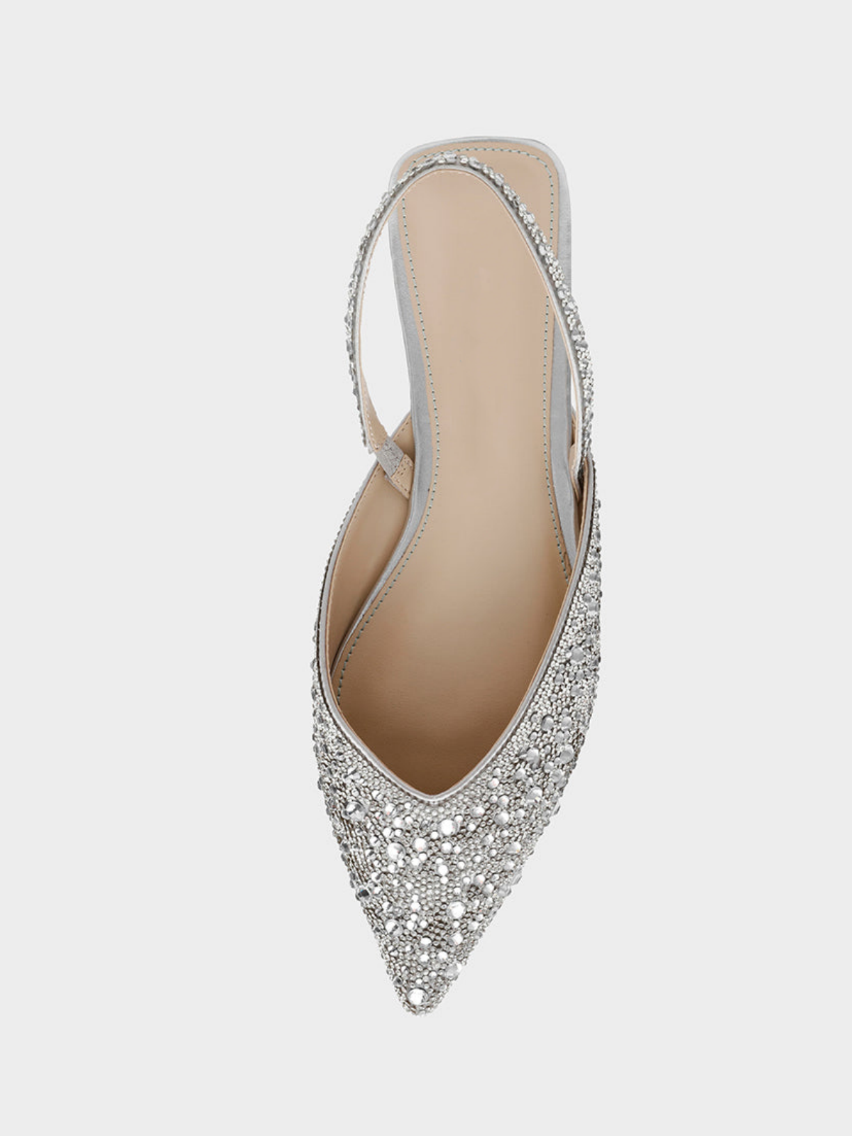 Metallic Silver Pointed-Toe Rhinestone Slingback Ballet Flats