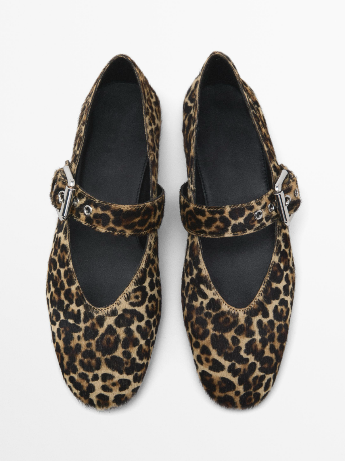 Leopard Faux Fur Square-Toe Bridge Strap Side Buckle Mary Janes Ballet Flats