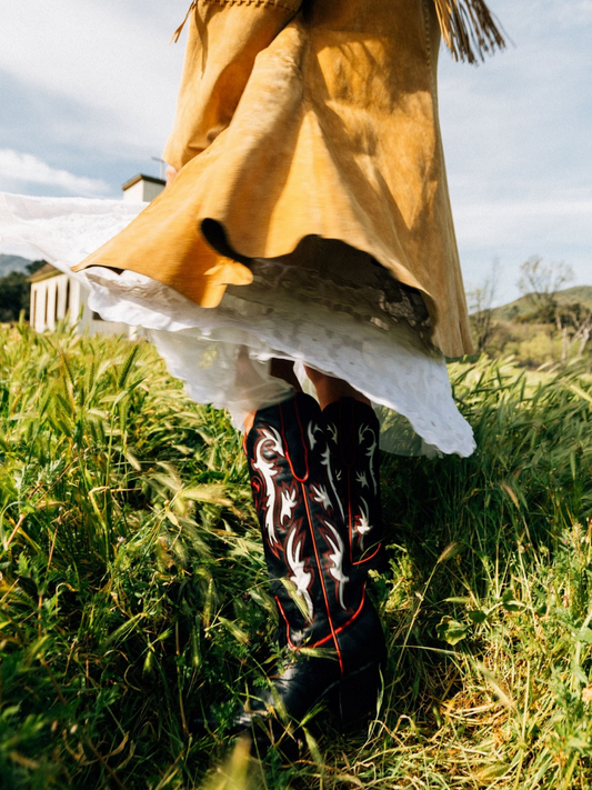 Black Snip-Toe Inlay Wide Mid Calf Cowgirl Boots