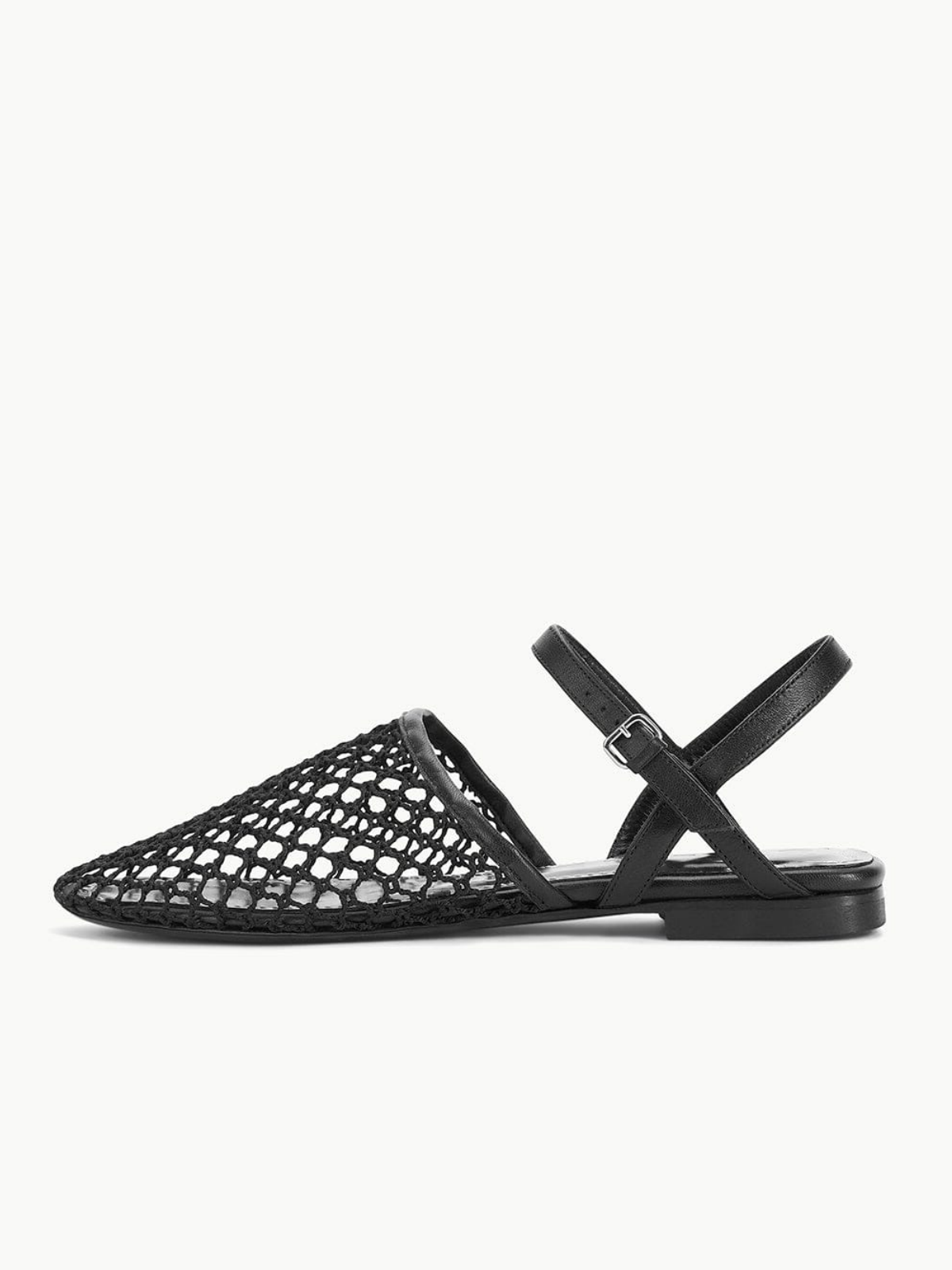 Black Netting Square Toe Flats Sandals With Ankle Strap