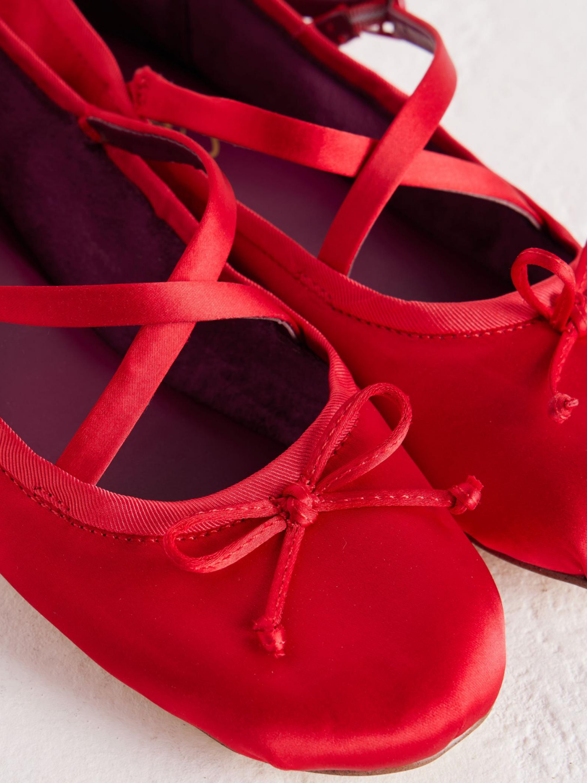 Satin Red Bow Ballerina Flats With Crossed Buckled Strap