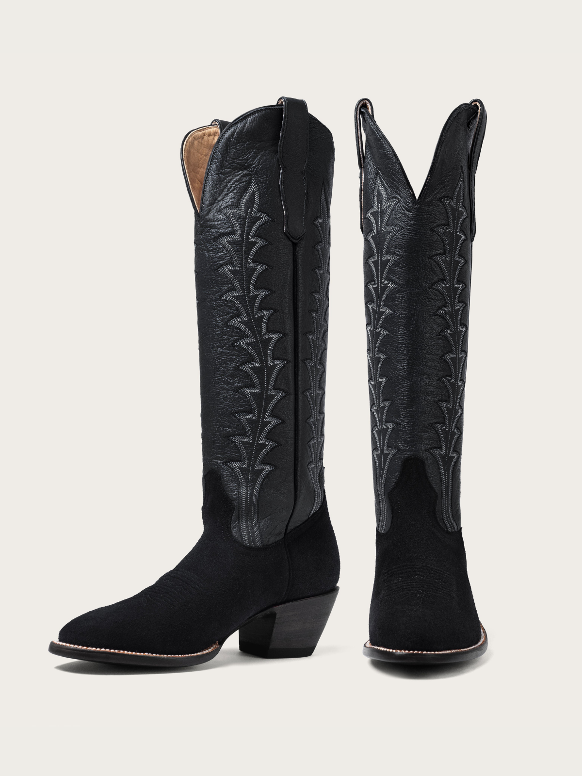 Faux Suede & Vegan Leather Embroidery Almond-Toe Wide Mid Calf Cowgirl Boots in Contrast Black