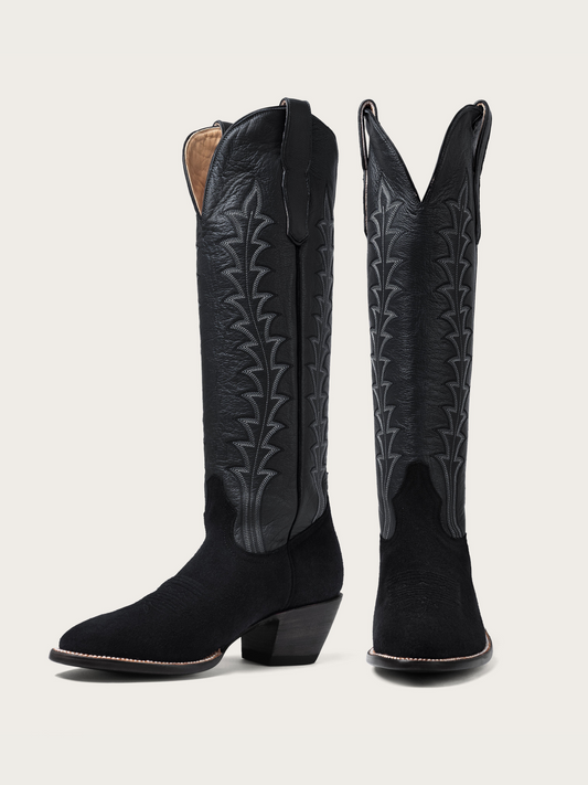 Faux Suede & Vegan Leather Embroidery Almond-Toe Wide Mid Calf Cowgirl Boots in Contrast Black