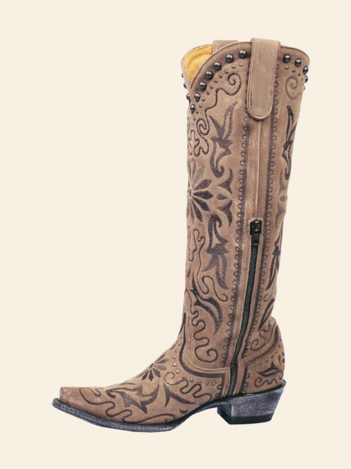 Light Brown Faux Suede Snip-Toe Complex Embroidery Studded Half-Zip Knee High Cowgirl Boots