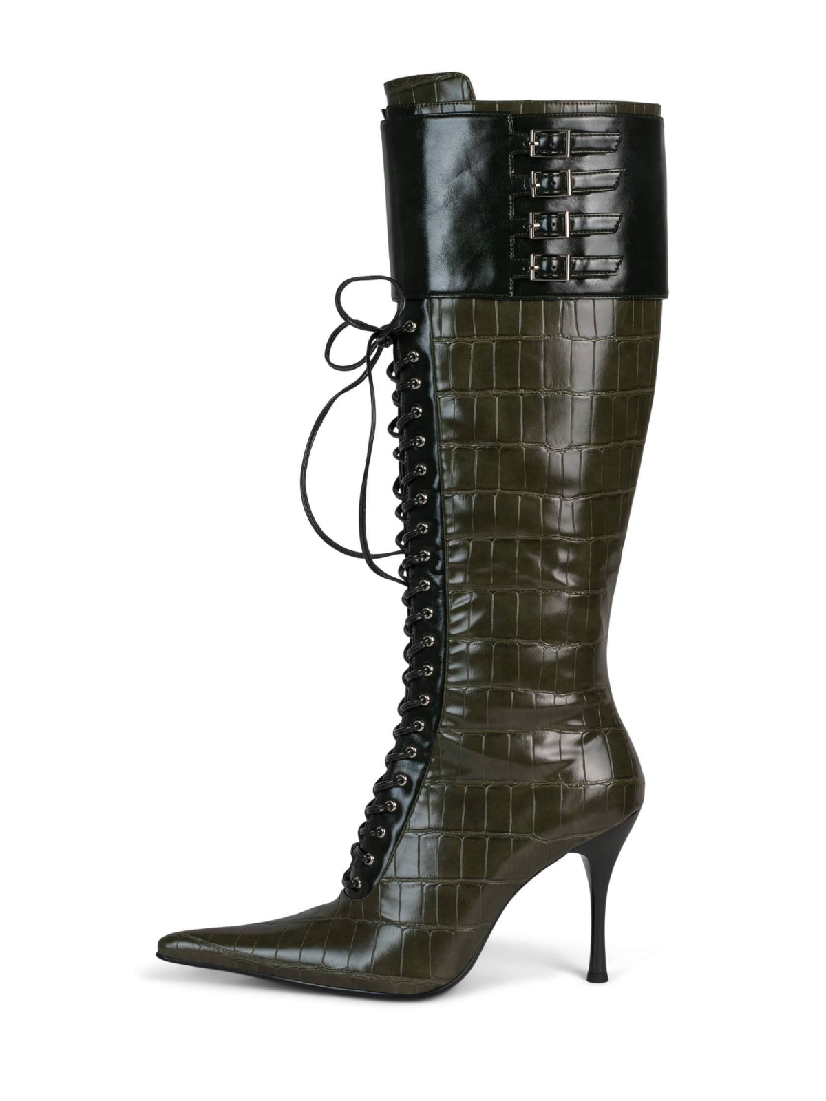 Dark Green Croc-Embossed Vegan Leather Wide Mid Calf Stiletto Boots With Lace-Up And Buckle Cuff