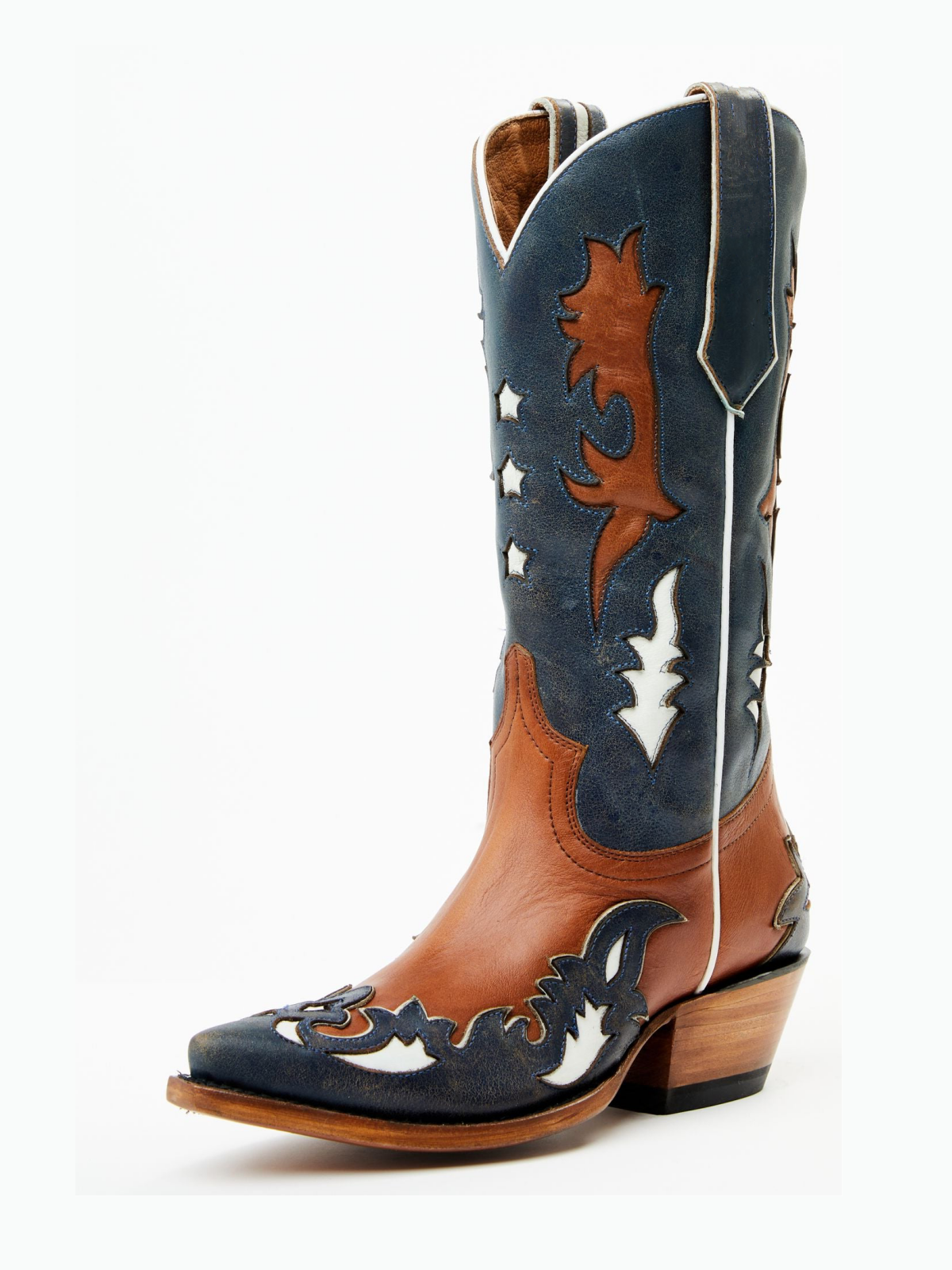 Contrast Brown And Blue Snip-Toe Star Inlay Toebox Applique Wide Mid Calf Tall Cowgirl Boots