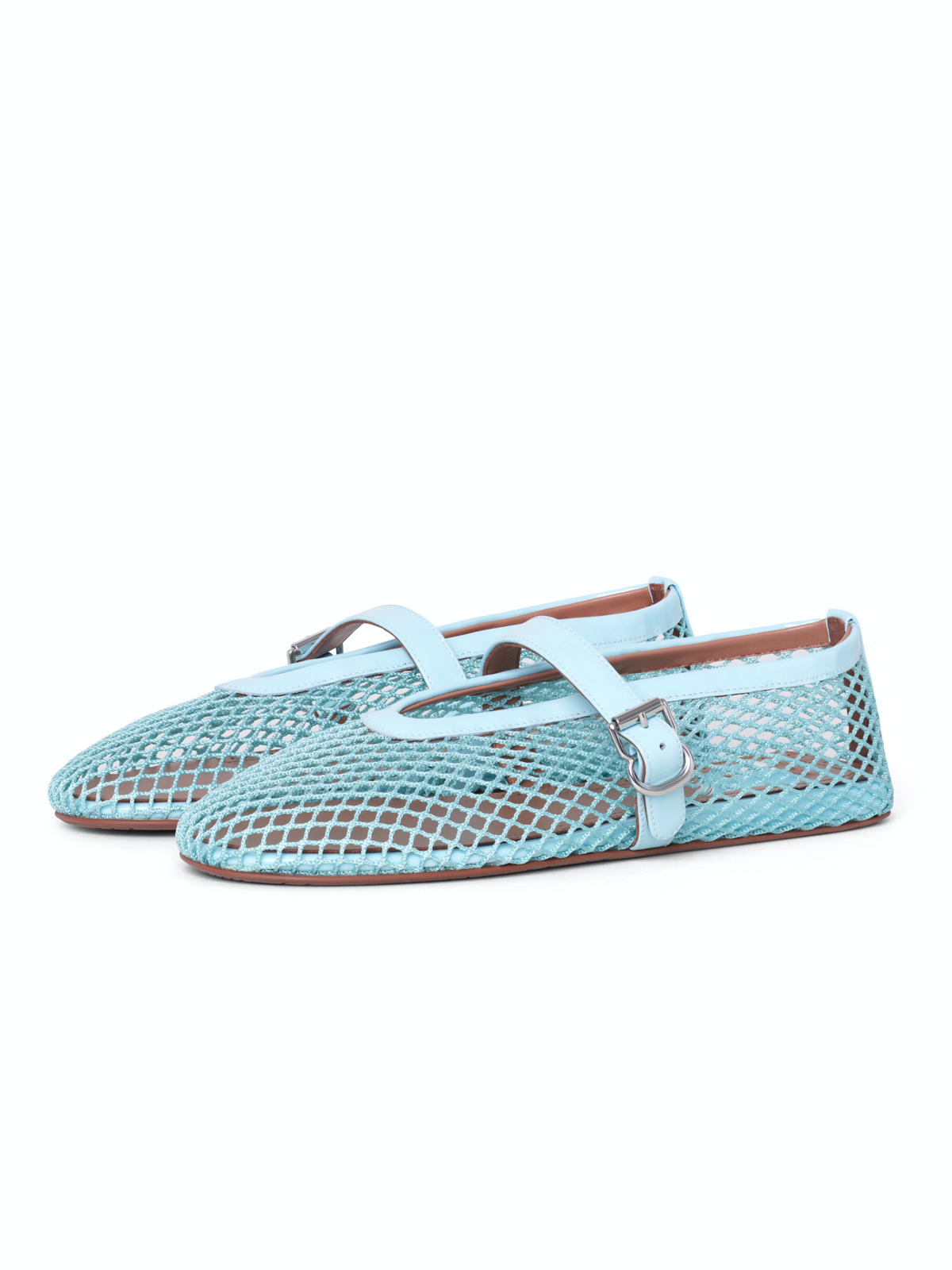 Sky Blue Fishnet Ballet Flats Mary Janes With Buckle Strap