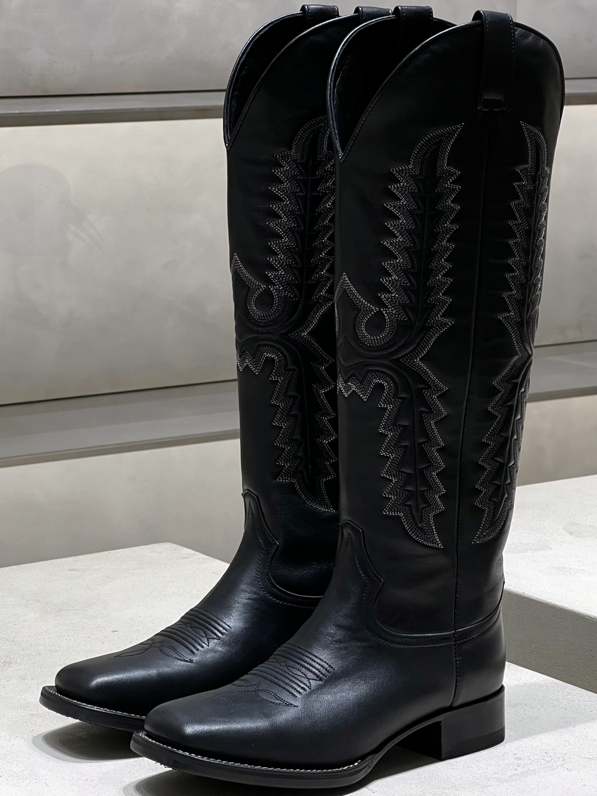 Black Embroidery Square-Toe Wide Mid Calf Tall Cowgirl Boots