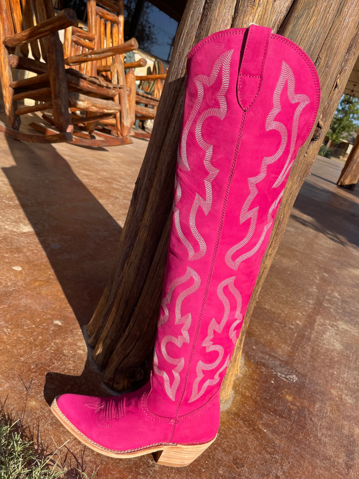 Fuchsia Faux Suede Embroidery Pointed-Toe Half-Zip Over-The-Knee Cowgirl Boots