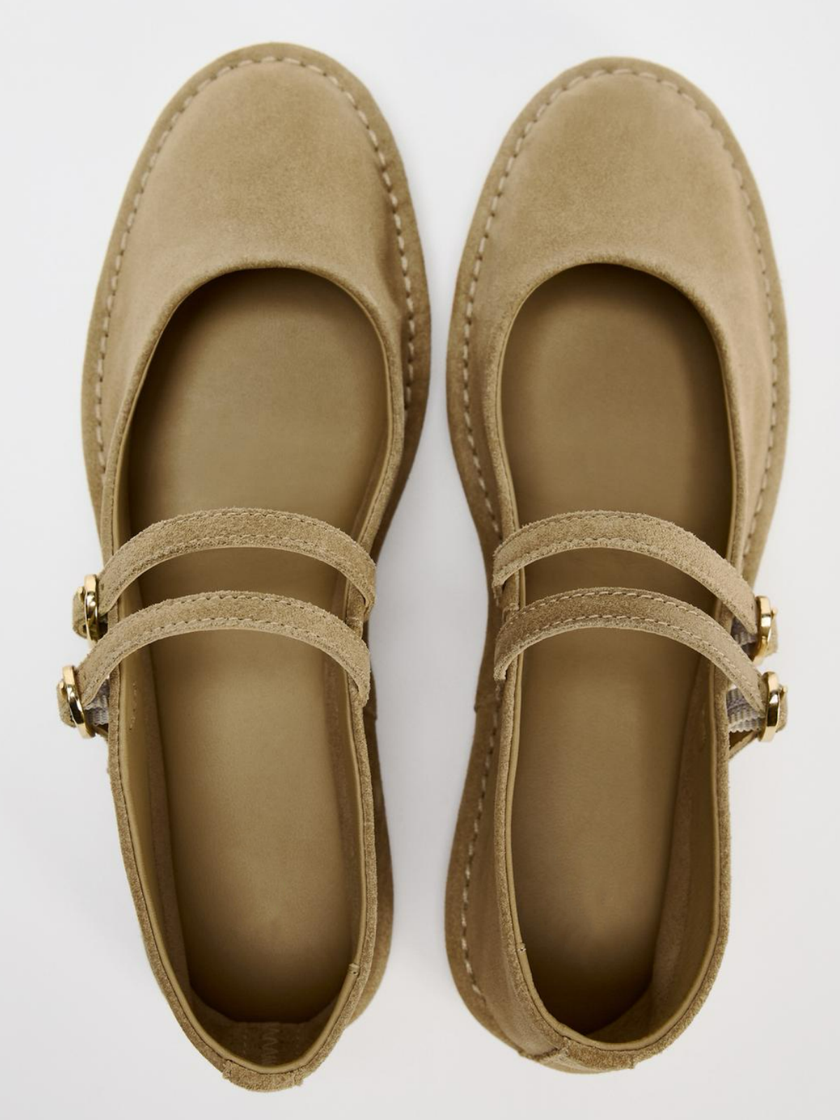 Sand Faux Suede Round-Toe Double Buckle Ballet Flats