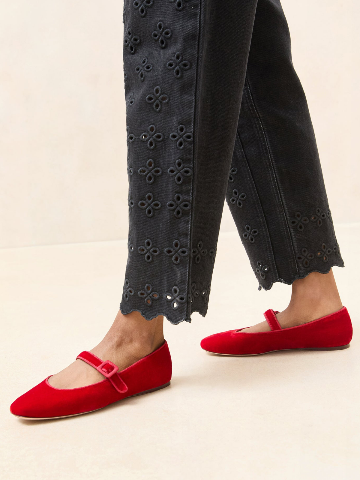 Red Velvet Square-Toe Adjustable Bridge Strap Mary Janes Ballet Flats