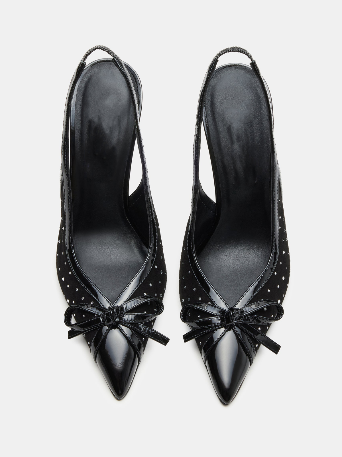 Black Contrast Patent Leather And Mesh Pointed-Toe Slingback Rhinestone Bow High Heels