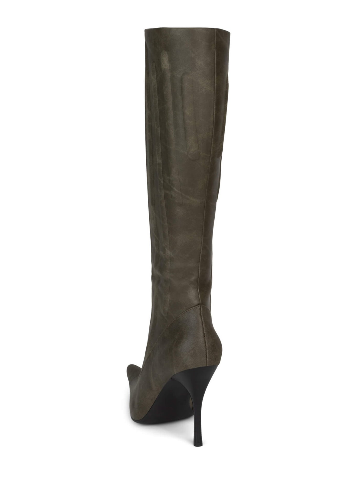 Distressed Olive Green Pointed-Toe Padded Full-Zip Mid Calf Stiletto Boots