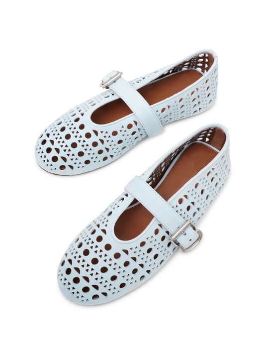 Light Blue Ballet Flats Mary Janes With Perforations And Buckled Strap