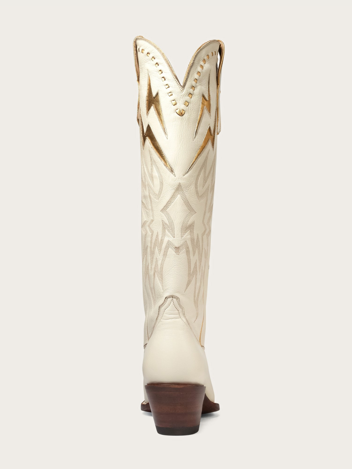 Metallic Gold Lightning Inlay Stitch Embroidery Almond-Toe Wide Mid Calf Tall Cowgirl Boots - Bone