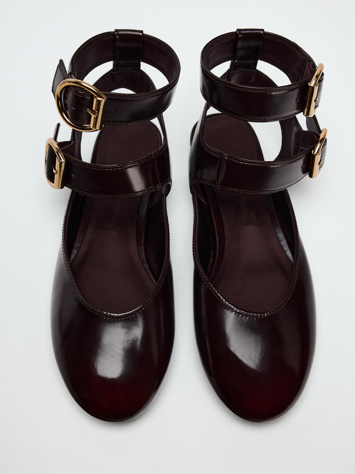 Burgundy Round-Toe Double Buckle At Ankle Strap Slingback Ballet Flats