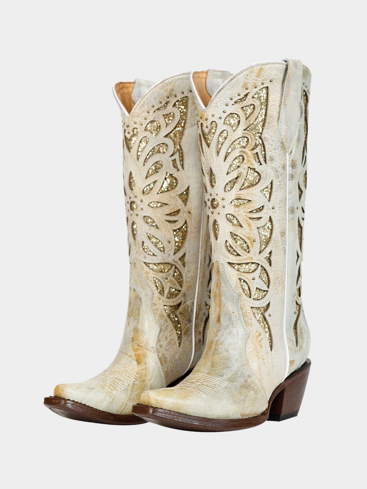 Distressed Ivory Snip-Toe Studded Embroidery Glitter Inlay Wide Mid Calf Tall Cowgirl Boots