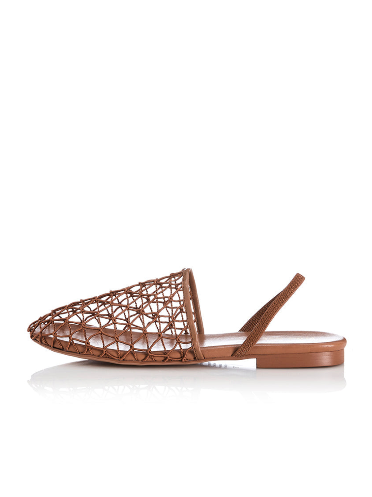 Pecan Brown Netting Round Toe Flats Slingbacks With Back Strap