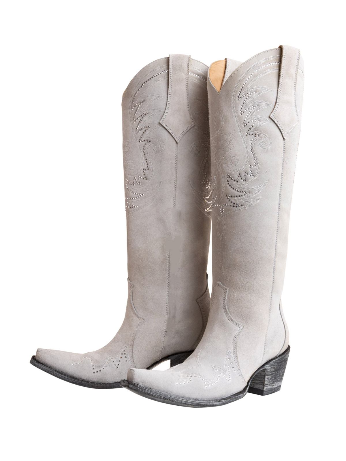 Light Gray Faux Suede Embroidery Rhinestone Snip-Toe Wide Calf Knee High Tall Cowgirl Boots