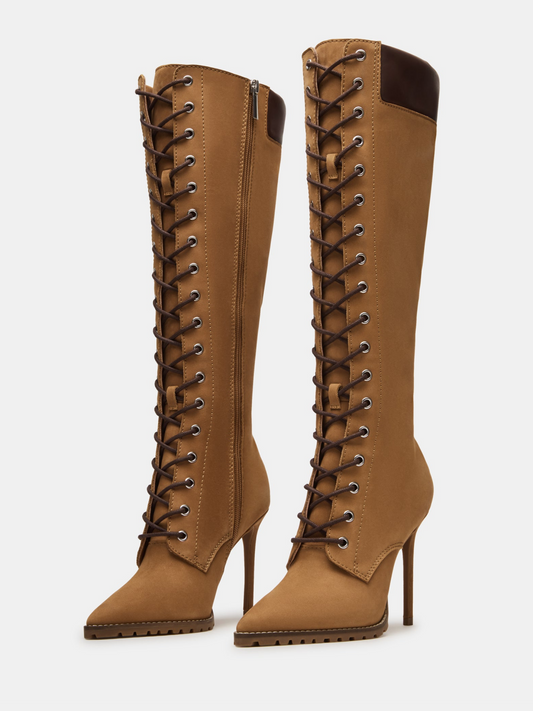 Brown Pointed-Toe Lace-Up Full-Zip Mid Calf Stiletto Boots