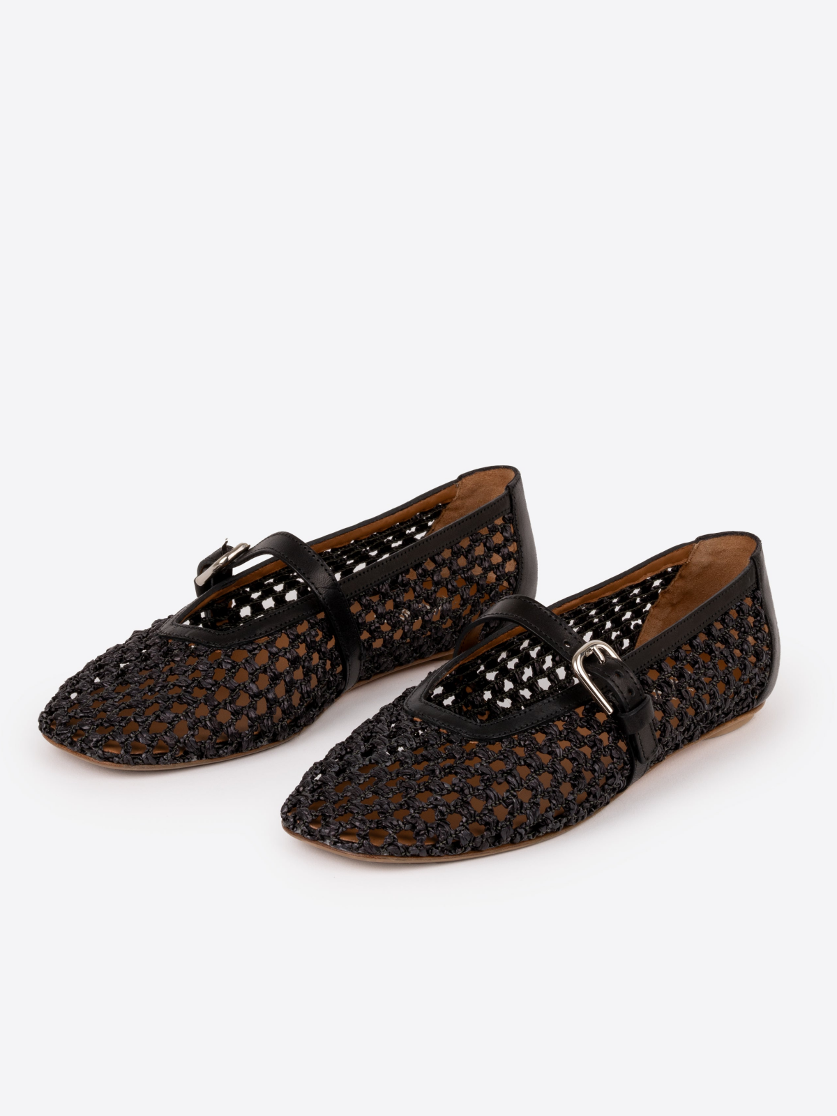 Black Raffia Woven Square Toe Ballet Flats Mary Janes With Buckled Strap