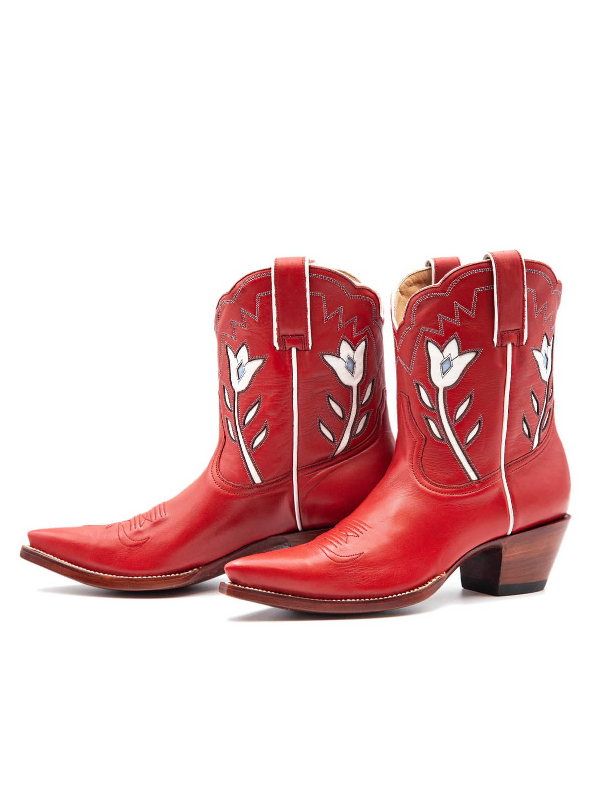 Red Pointed-Toe Wide Mid Calf Cowgirl Boots With White Tulip Inlay