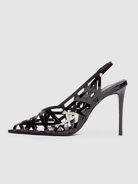 Patent Black Pointed-Toe Laser-Cut Slingback Pump High Heels