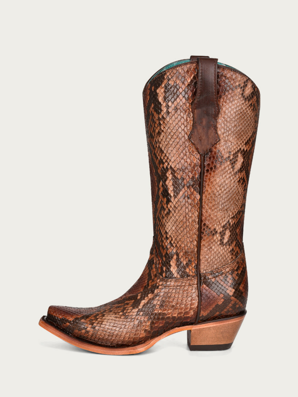 Brown Snakeskin Vegan Leather Snip-Toe Wide Mid Calf Cowgirl Boots