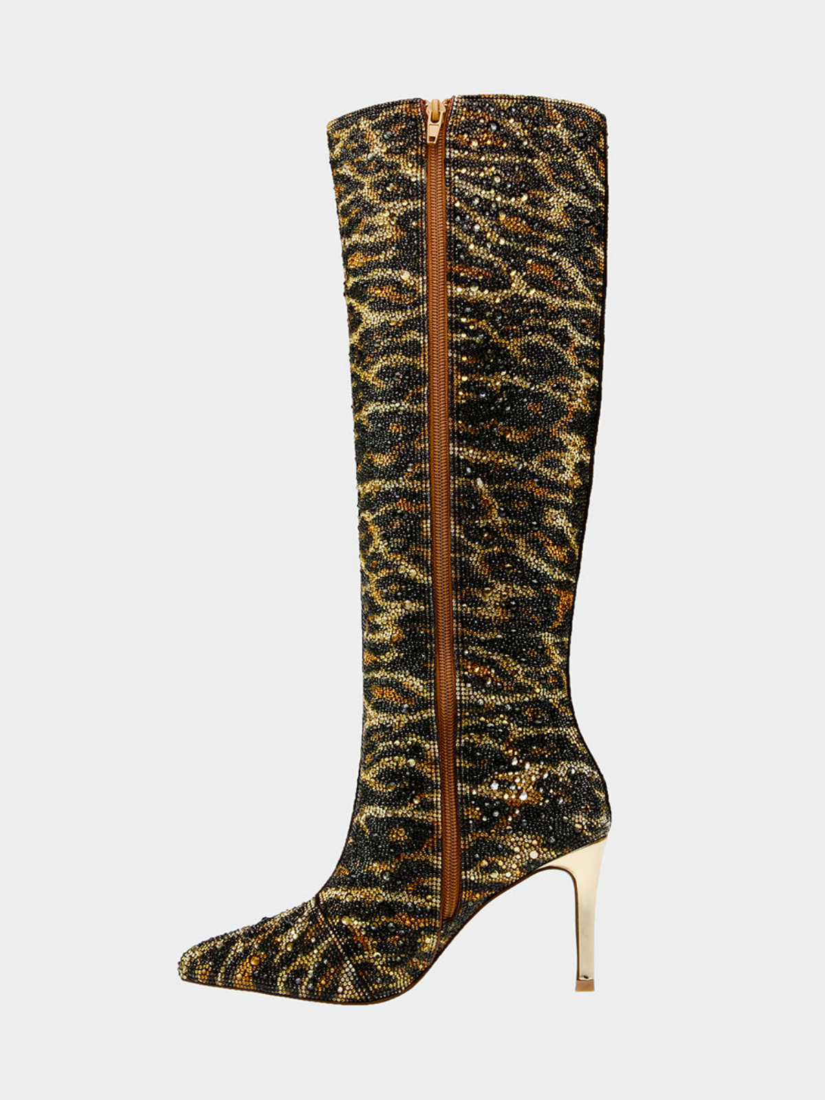 Leopard Pointed-Toe Rhinestone Full-Zip Mid Calf Stiletto Boots