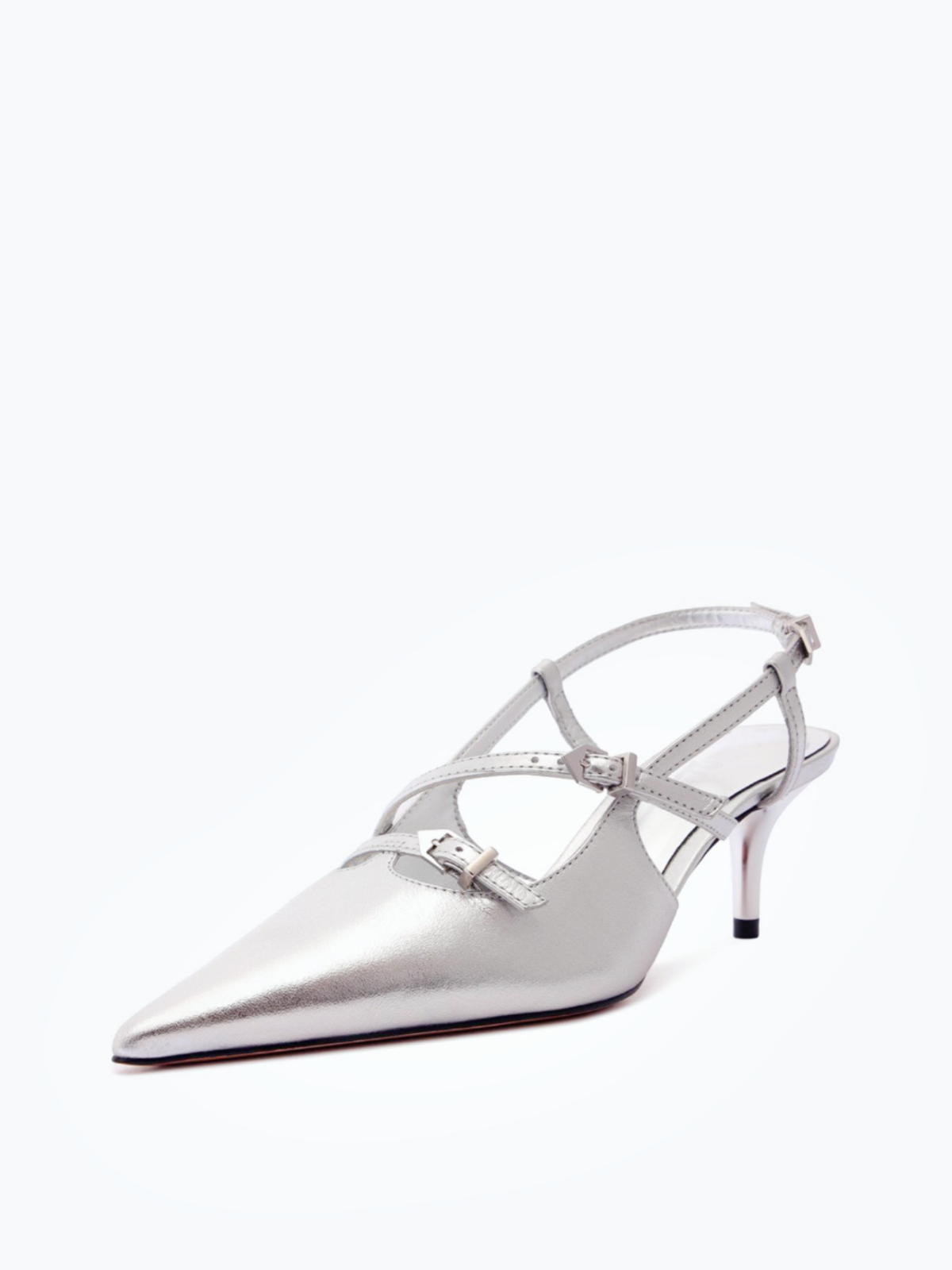 Metallic Silver Buckled Strappy Kitten Heels Slingback Pumps