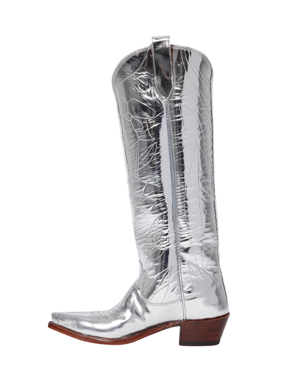 Metallic Silver Snip-Toe Embroidery Flower Applique Wide Calf Knee High Cowgirl Boots