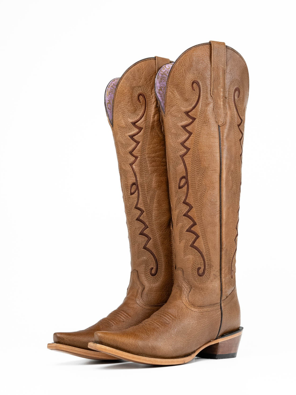 Brown Snip-Toe Half-Zip Classic Embroidery Knee High Cowgirl Boots