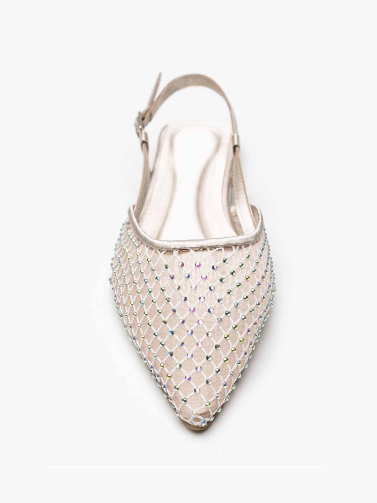 Rose Gold Iridescent Rhinestone Pointy Slingback Ballerina Flats In Satin & Fishnet